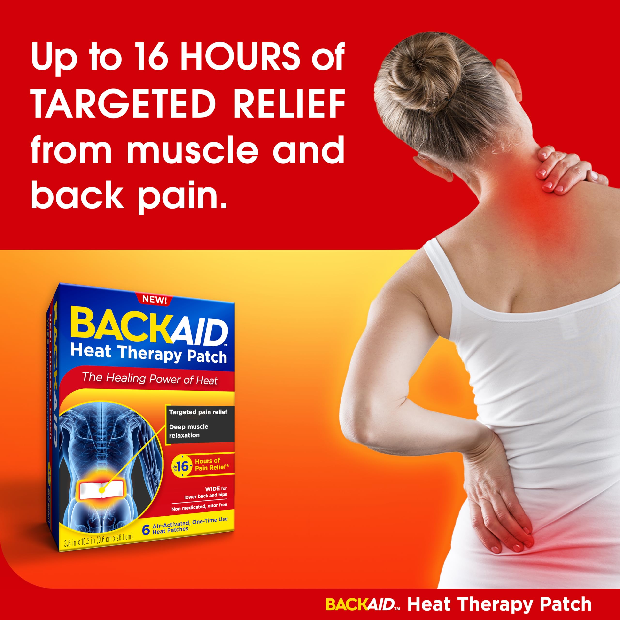 Backaid hip and lower back warming patch showing the detailed application instructions on the box back.