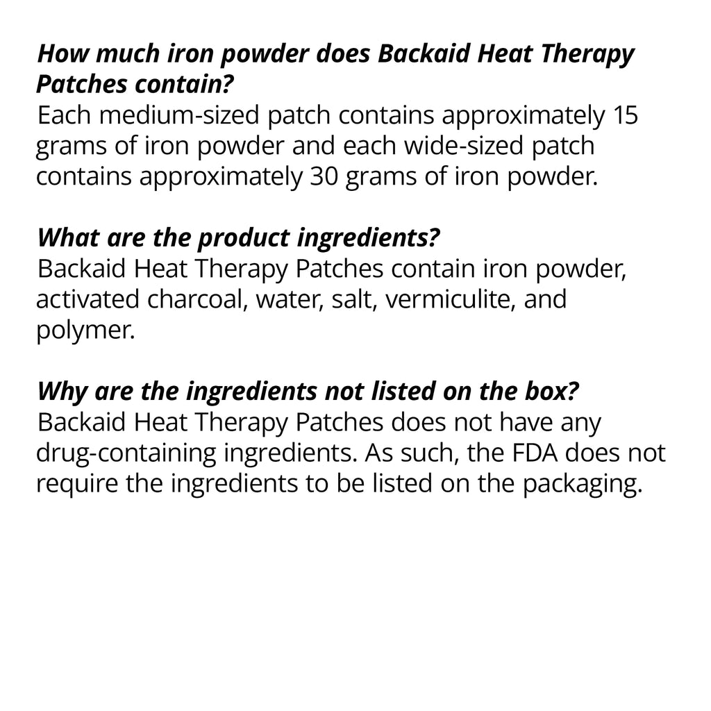 Backaid drug free air activated heating patches layout displaying the multi pack contents for daily use.