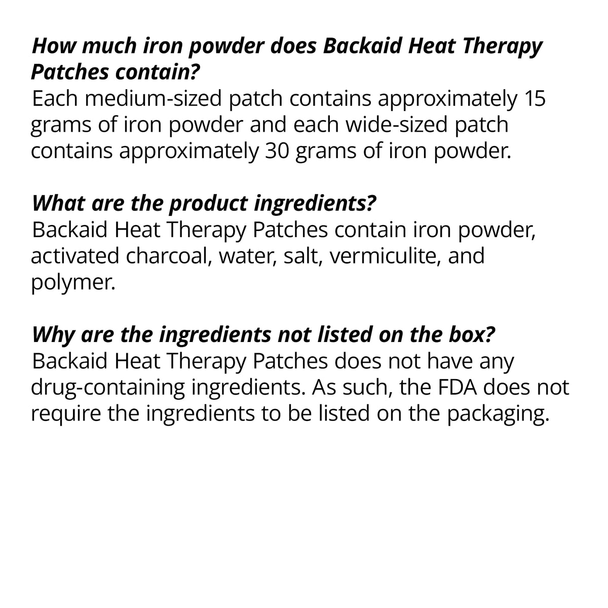 Backaid drug free air activated heating patches layout displaying the multi pack contents for daily use.