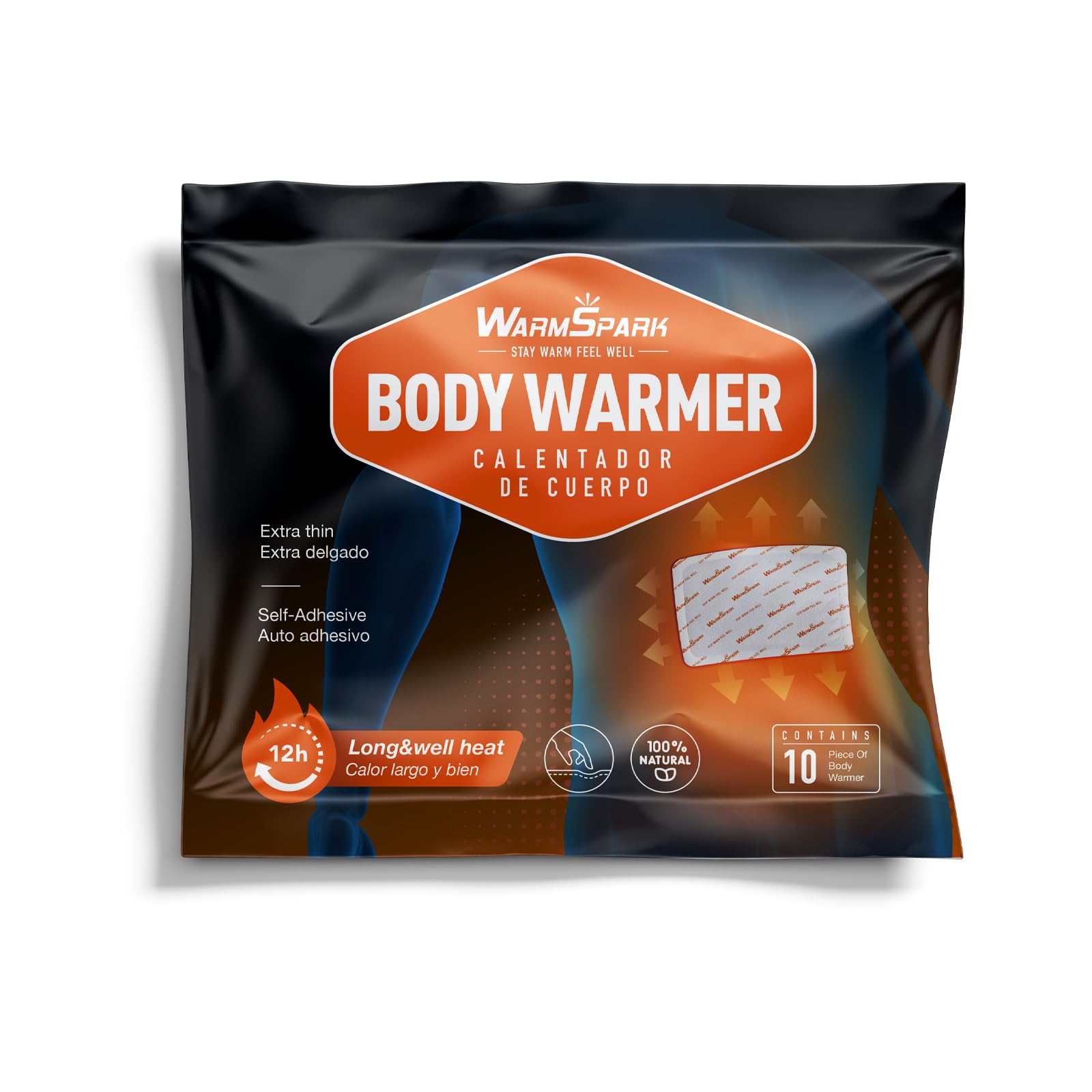 Air activated body warmer patch applied to the base clothing layer of a person back for soothing heat.