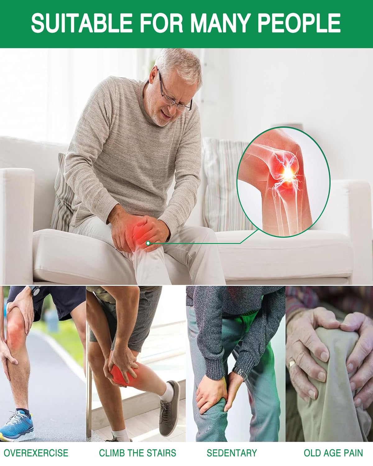 Green contoured herbal plaster sticker being applied gently onto a human knee for targeted joint discomfort relief.