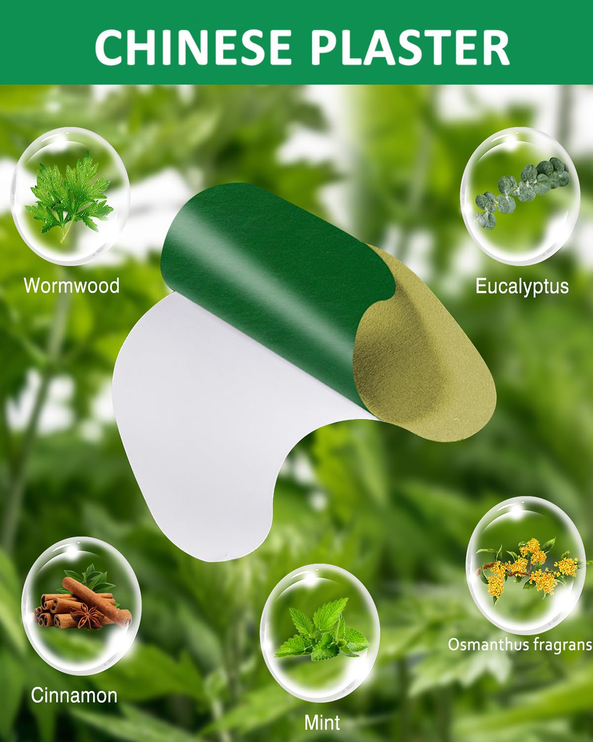 Mymulike warming herbal patches applied to alternative body areas including the lower back and shoulder.