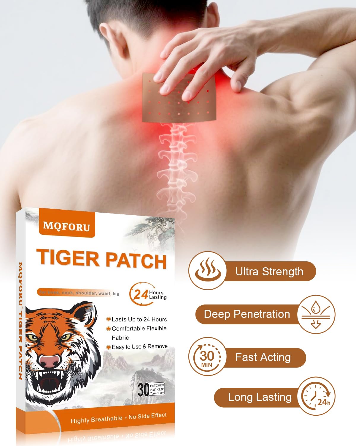 Back view illustration of Chinese tiger plaster placement on the neck and shoulder areas.