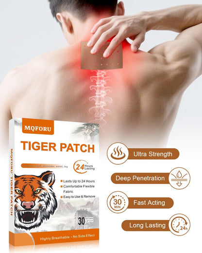 Back view illustration of Chinese tiger plaster placement on the neck and shoulder areas.