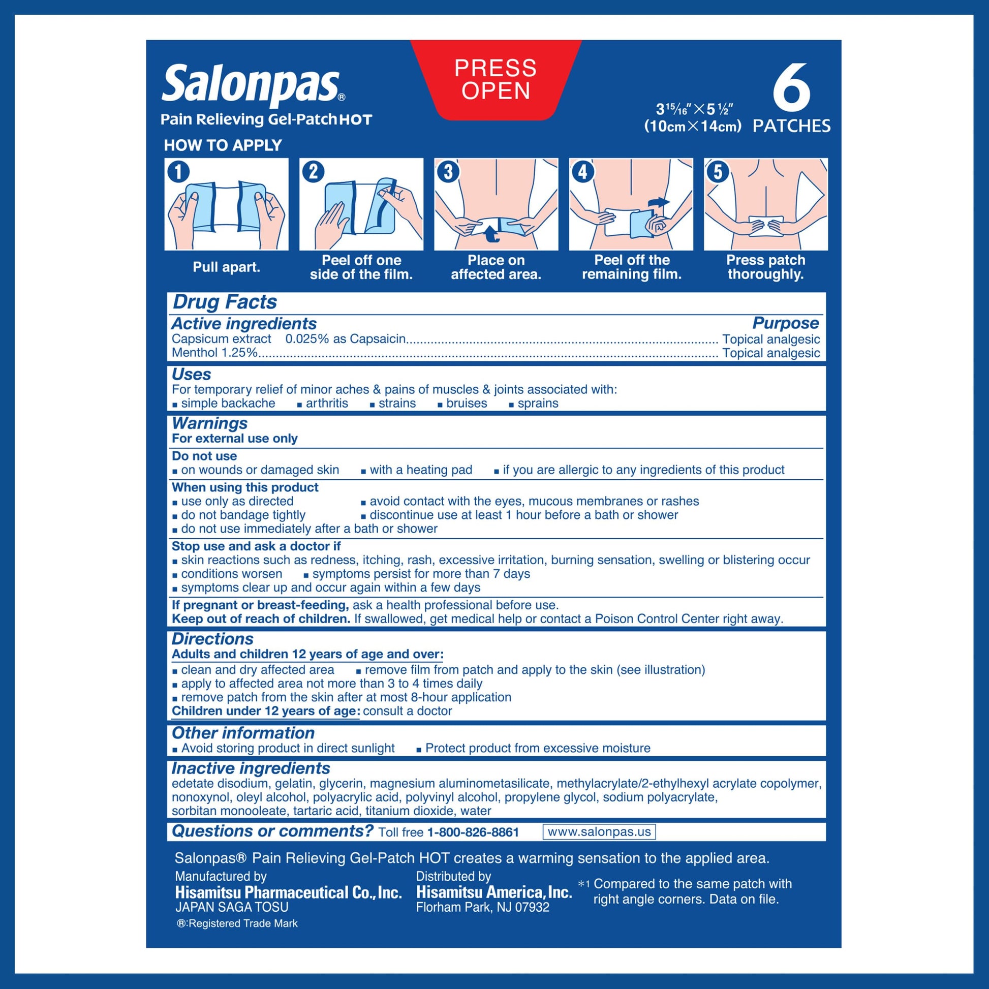 Size dimensions of the Salonpas hot gel patch showing the rounded corners designed to prevent peeling.