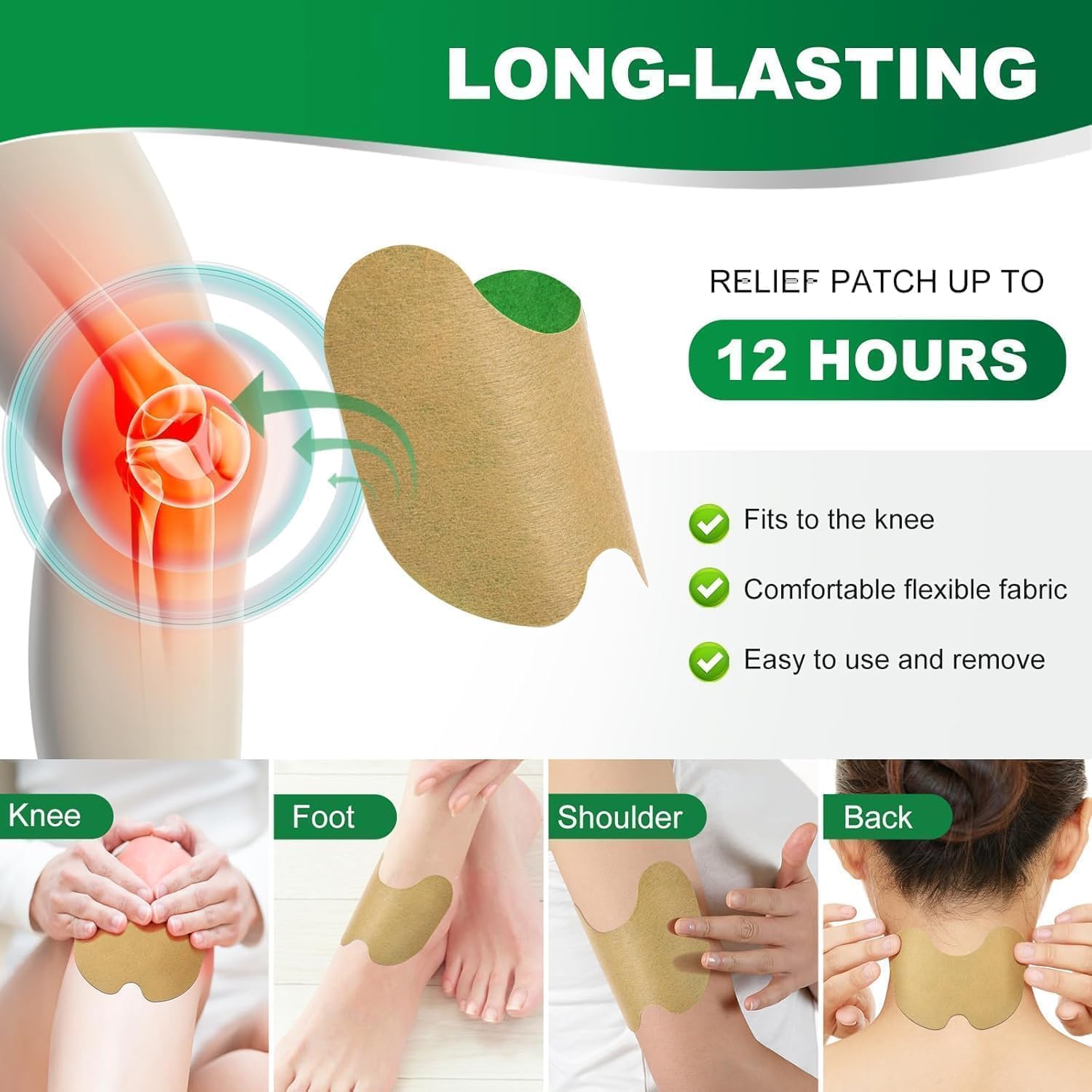 Close up of an applied herbal self heating patch on a knee joint showing ergonomic fit.