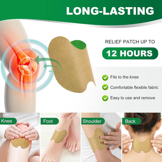 Close up of an applied herbal self heating patch on a knee joint showing ergonomic fit.