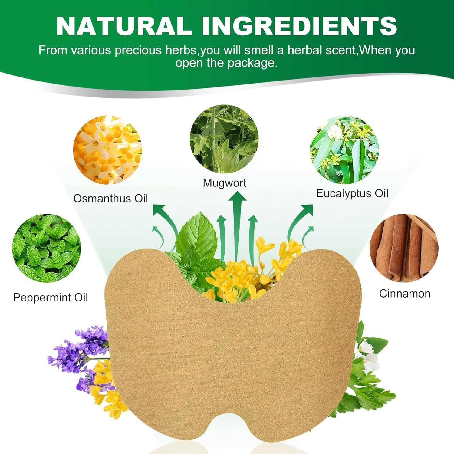 Natural ingredients graphic highlighting wormwood oil and peppermint oil components of the patch.