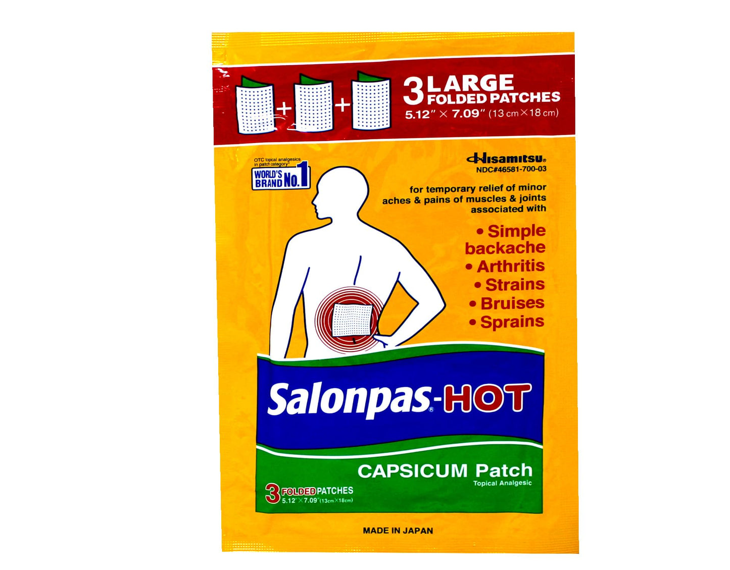 Salonpas hot capsaicin topical analgesic patch box showing active ingredients and usage instructions