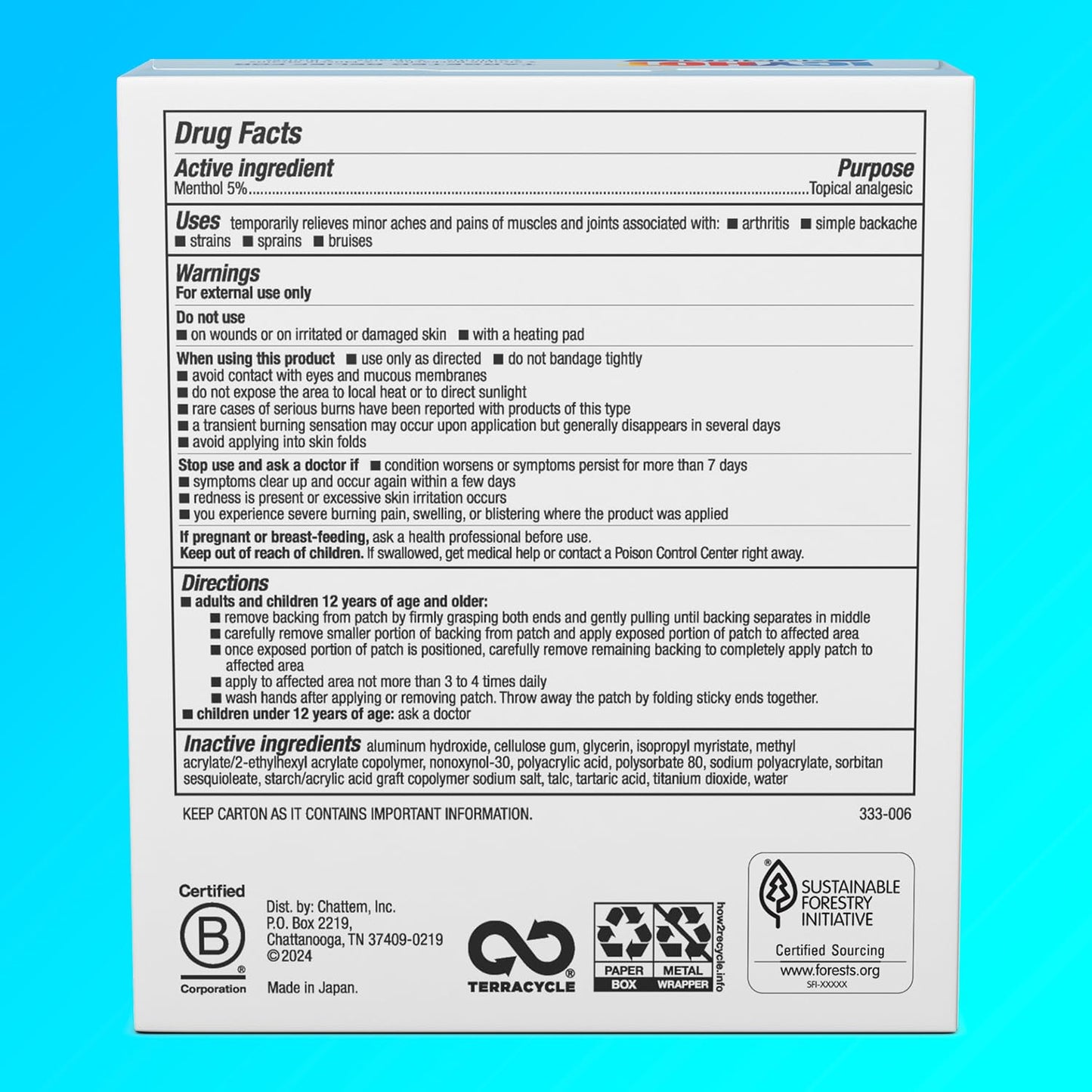 Icy Hot fabric pain relief patches in medium and large sizes displayed next to the box showing flexible texture