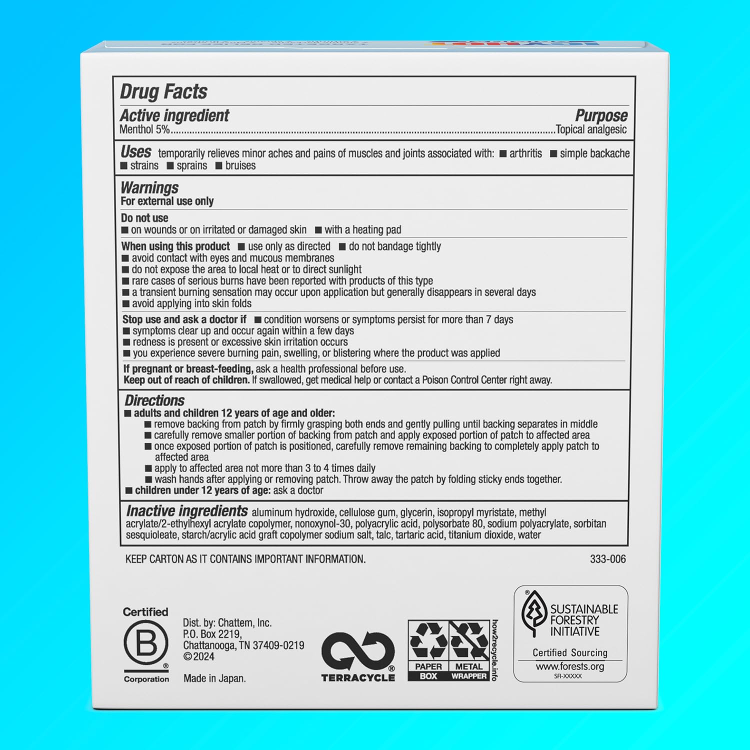 Icy Hot fabric pain relief patches in medium and large sizes displayed next to the box showing flexible texture