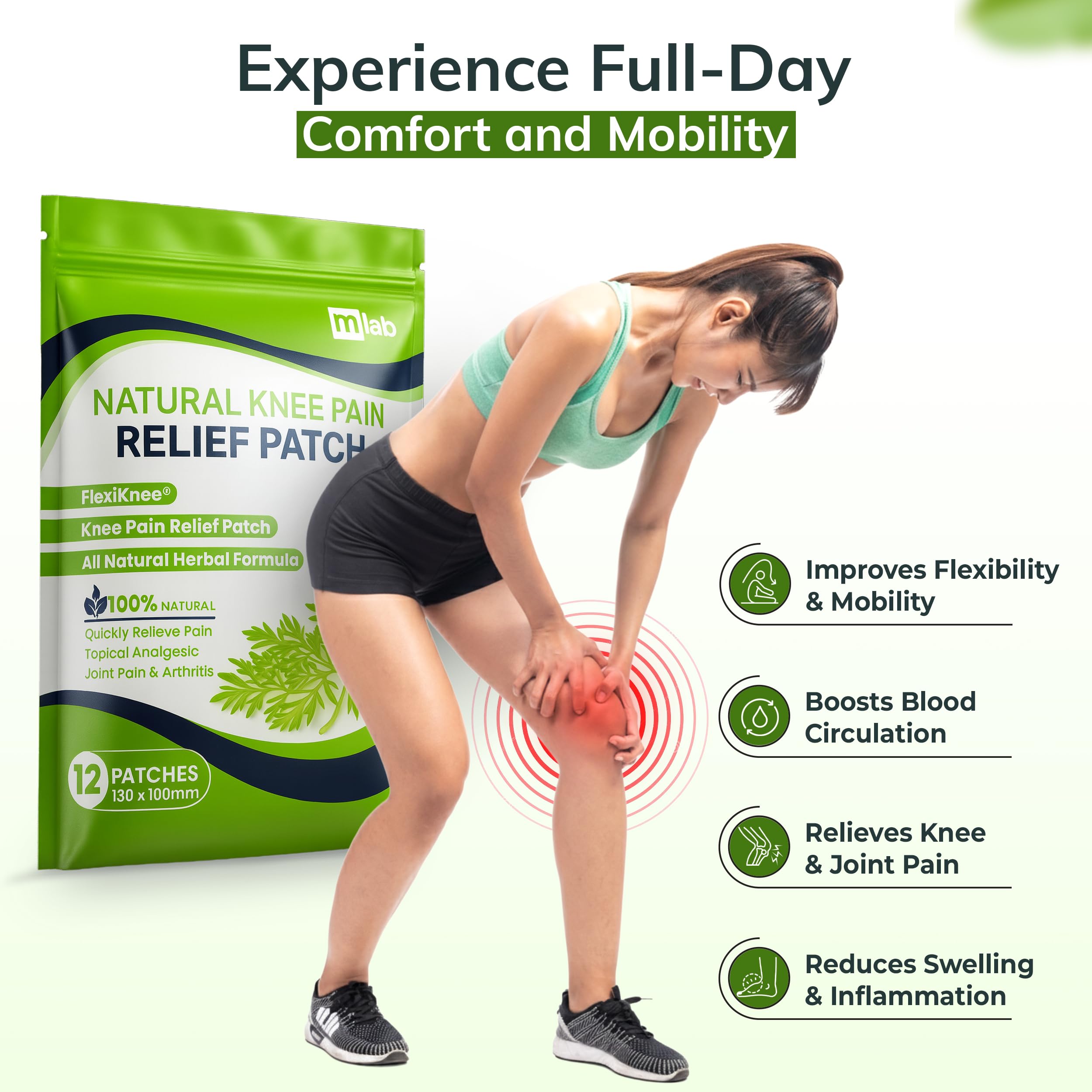 FLexiknee natural knee pain relief patch displaying the twelve hour extra strength herbal formula