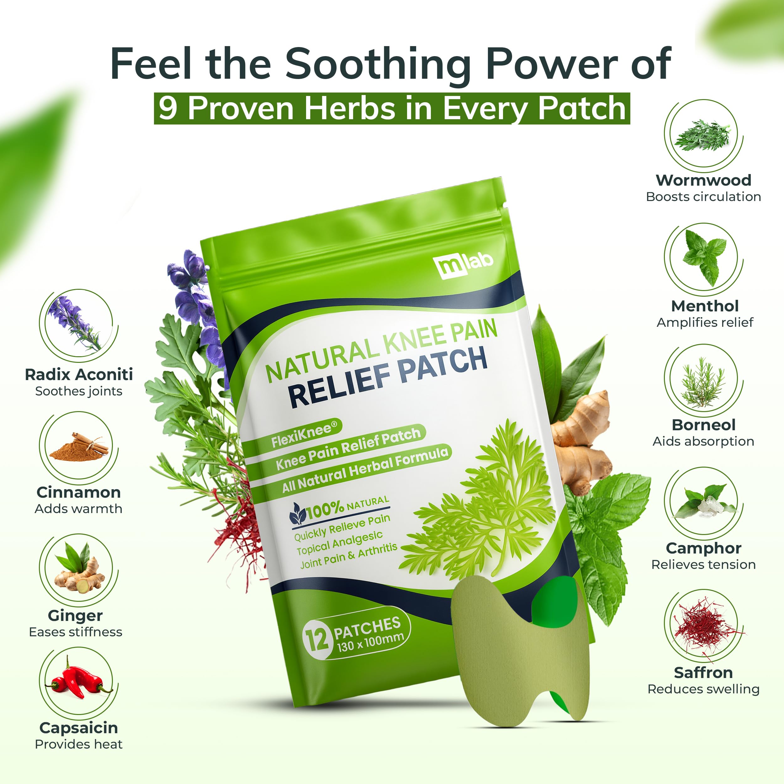 FLexiknee warming patches pack of twelve showing the green herbal adhesive design