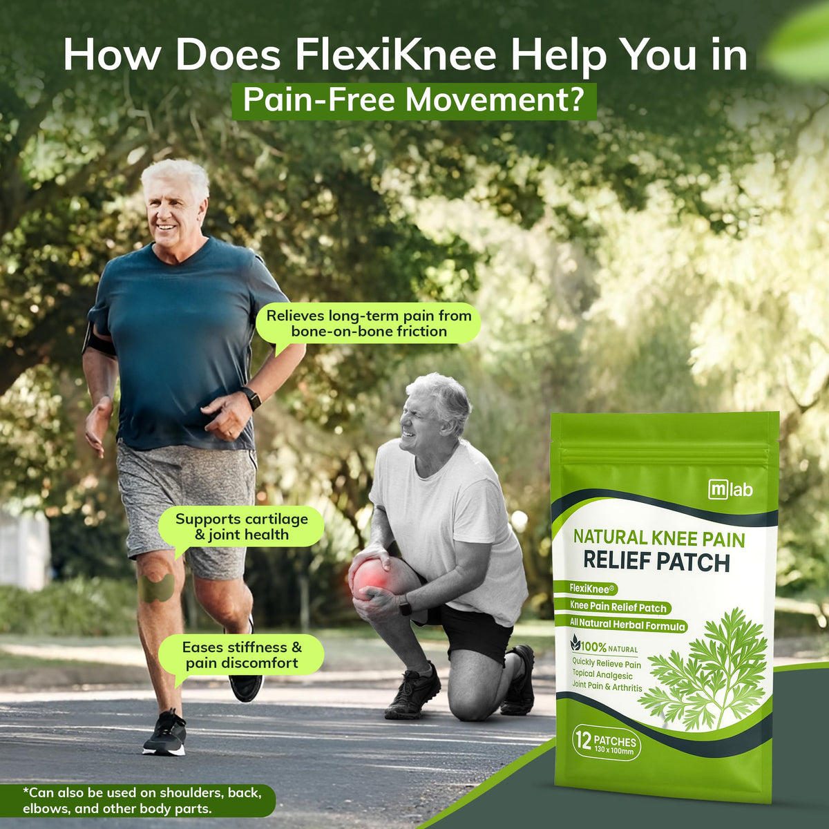 FLexiknee joint flexibility and circulation support patch packaging dimensions details