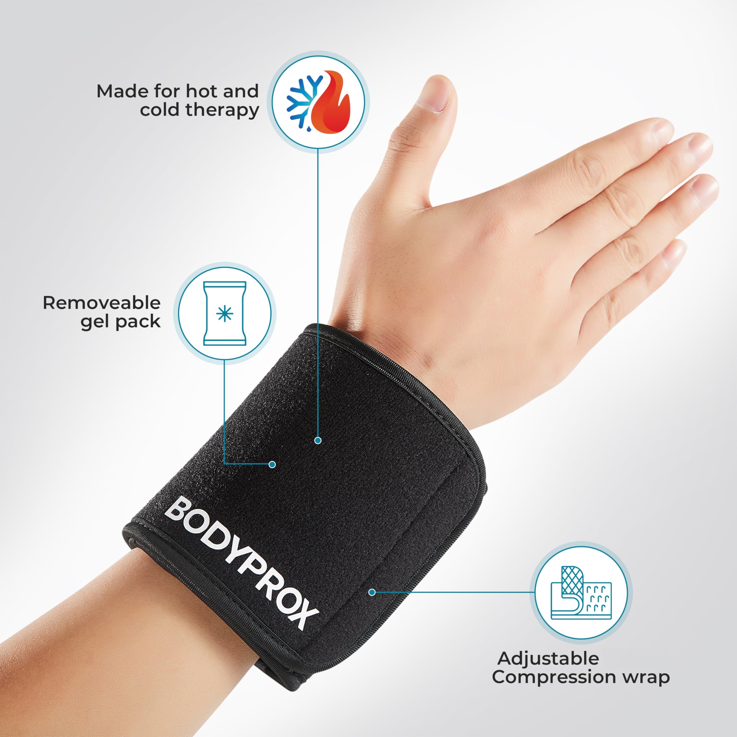 Bodyprox gel pack wrap secured on an ankle demonstrating targeted compression therapy for sports injuries.