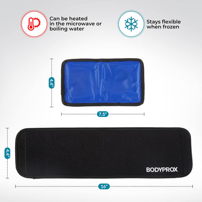 Authentic Bodyprox compression wrap laid flat illustrating the four point four by seven point five inch dimensions.