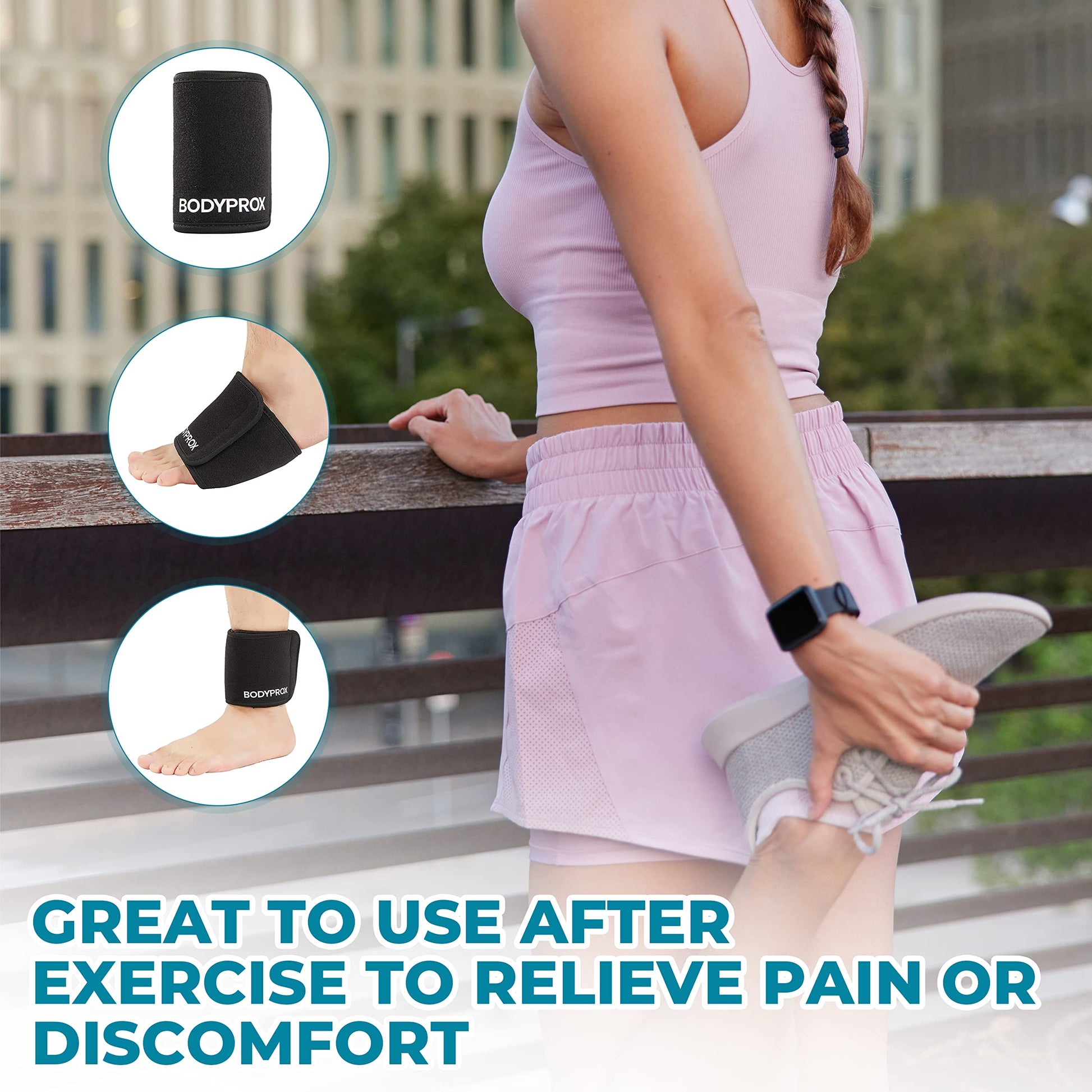 Bodyprox cold wrap applied to the sole of a foot providing relief for plantar fasciitis and heel pain.