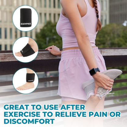 Bodyprox cold wrap applied to the sole of a foot providing relief for plantar fasciitis and heel pain.