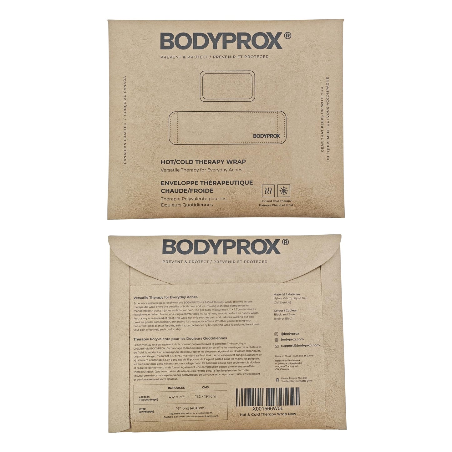 Packaging details of the imported Bodyprox reusable hot and cold first aid essential pack for home recovery.