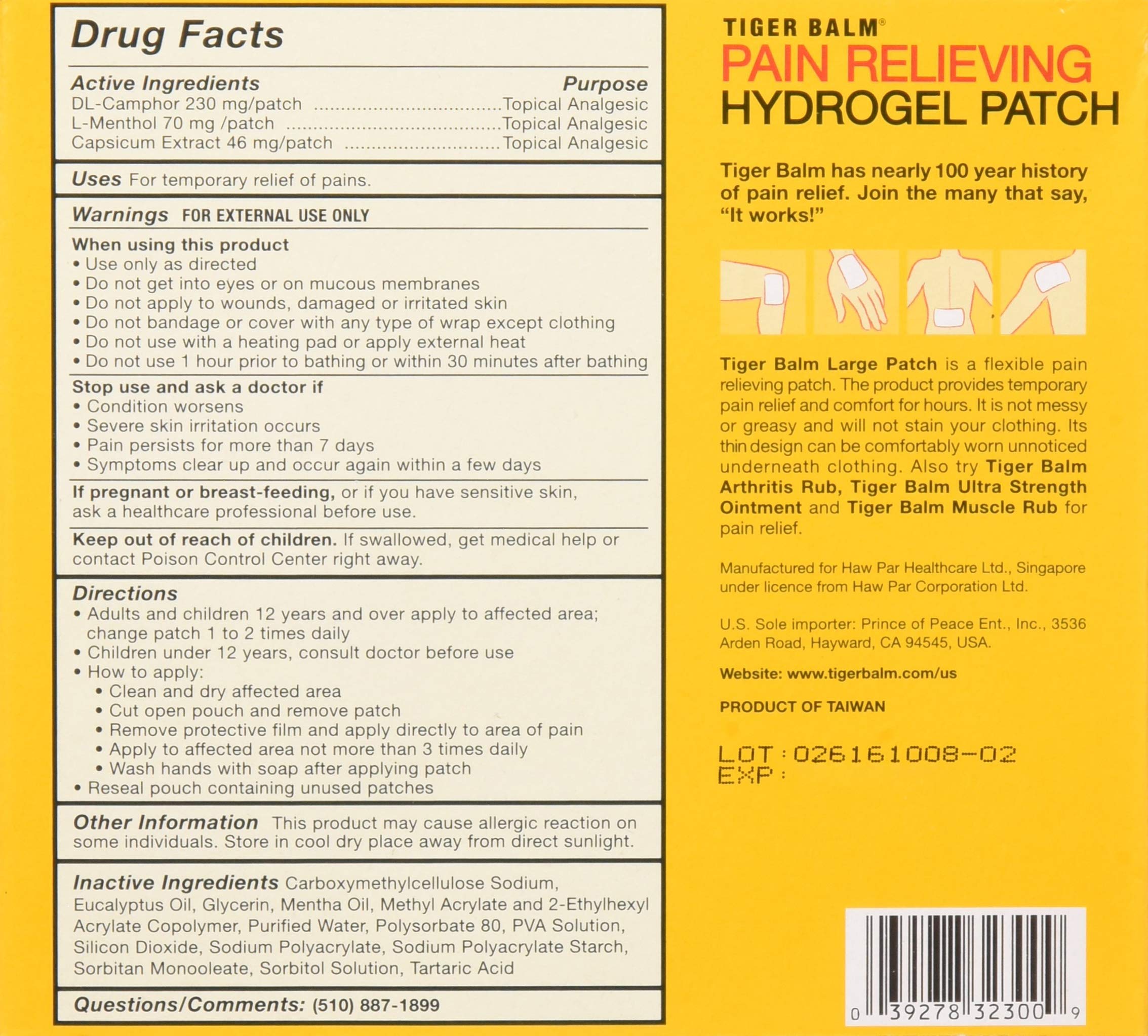 Tiger Balm hydrogel patches eight by four inch dimensions layout showing stretchable and flexible topical fabric design.