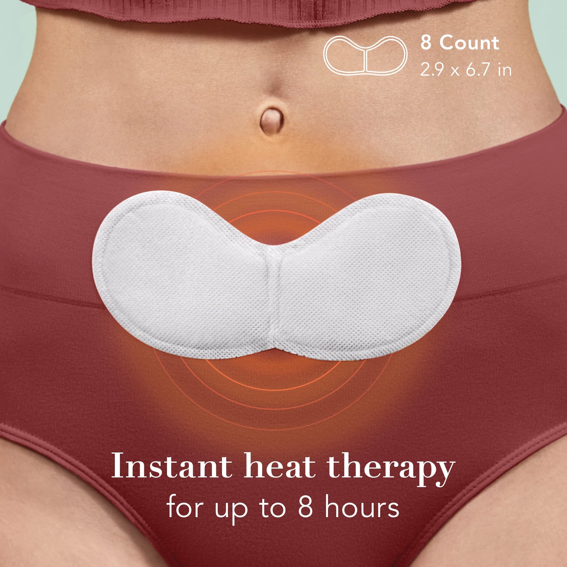Rael XL menstrual heating pads box showing eight count details