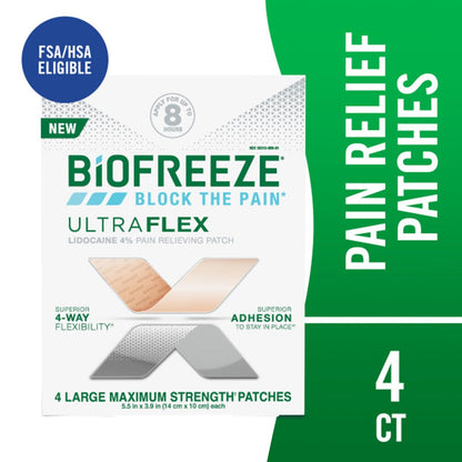 Biofreeze 4% lidocaine pain relief patch application on the lower back.