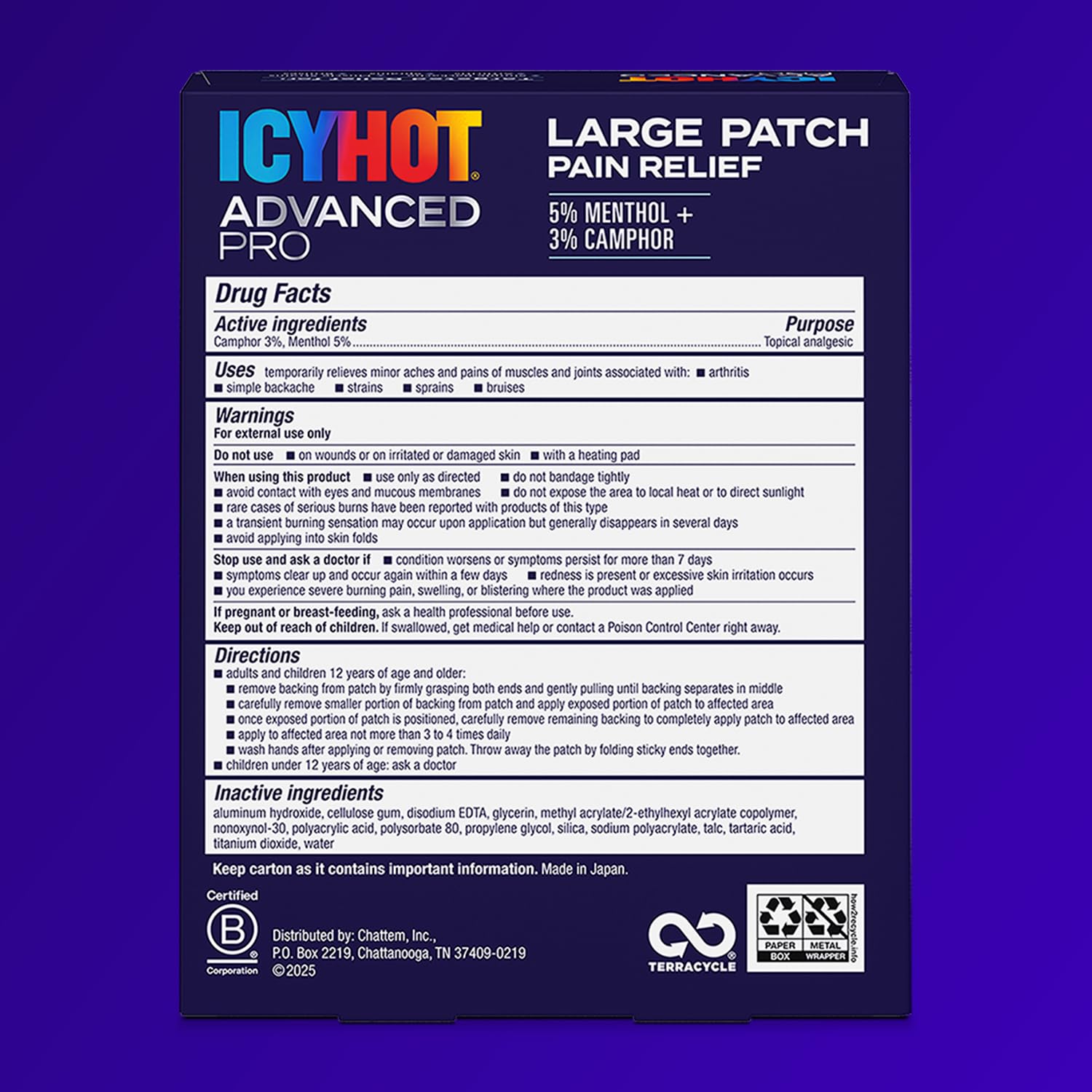 Icy Hot Advanced PRO fabric patches packaging highlighting 5 percent menthol and 3 percent camphor active ingredients
