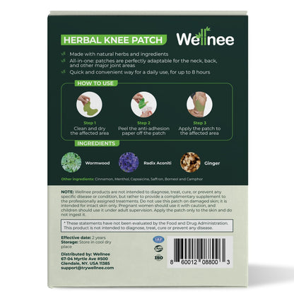 Wellnee maximum strength adhesive heat patches for knee support and muscle comfort.