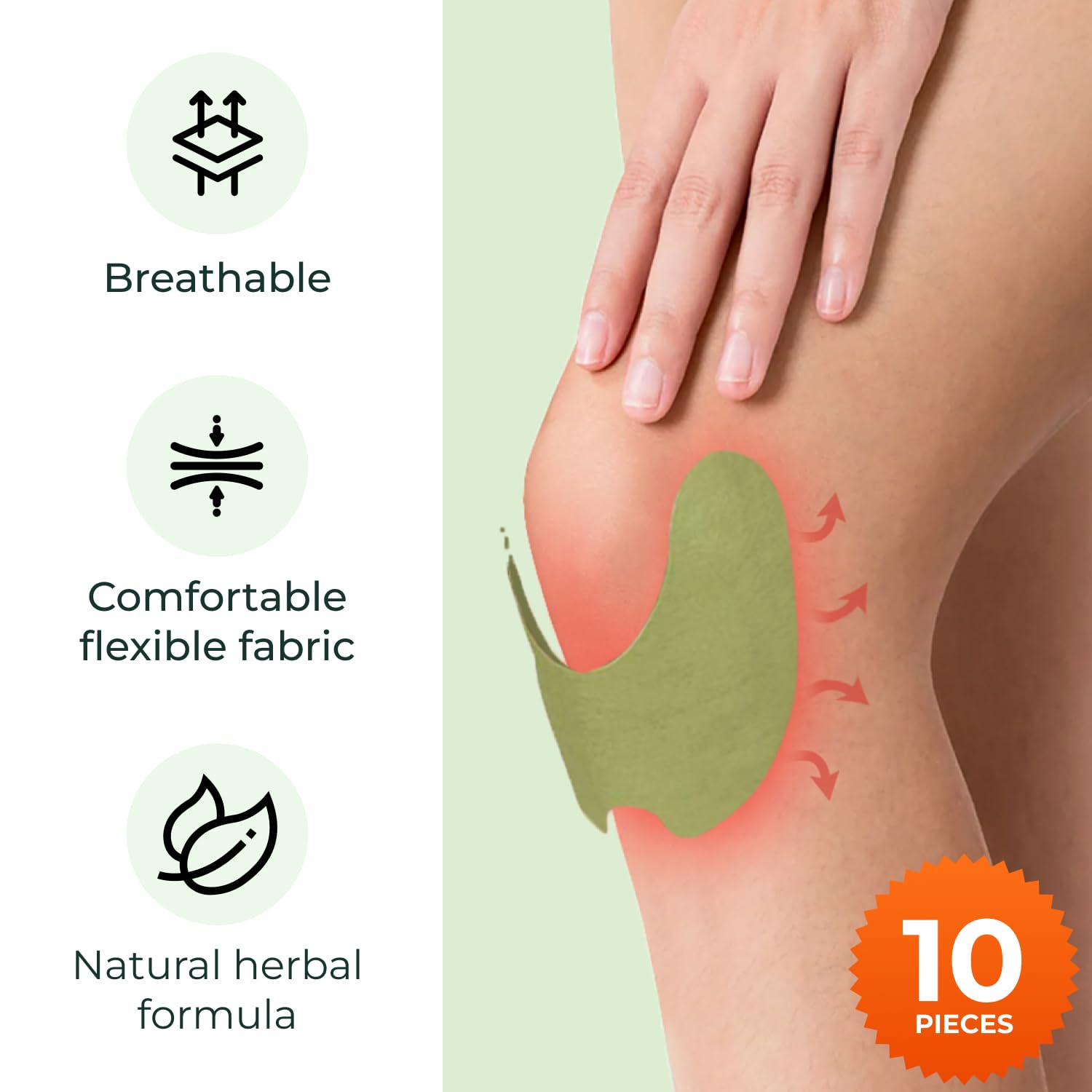 Ergonomic herbal knee plaster sticker showing contoured shape for natural joint movement.