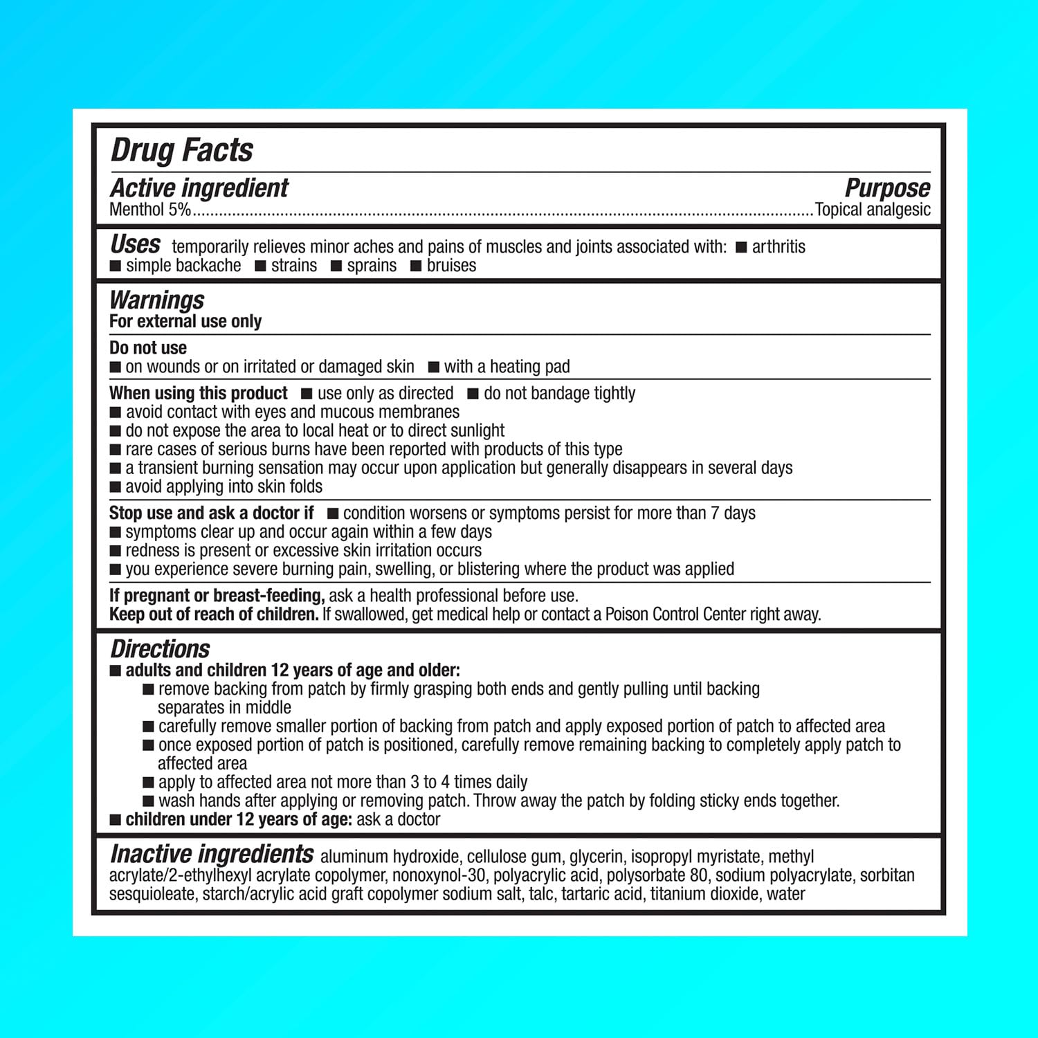 Icy Hot extra large back and large areas medicated patch box displaying five percent menthol strength