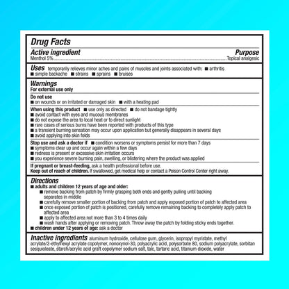 Icy Hot extra large back and large areas medicated patch box displaying five percent menthol strength