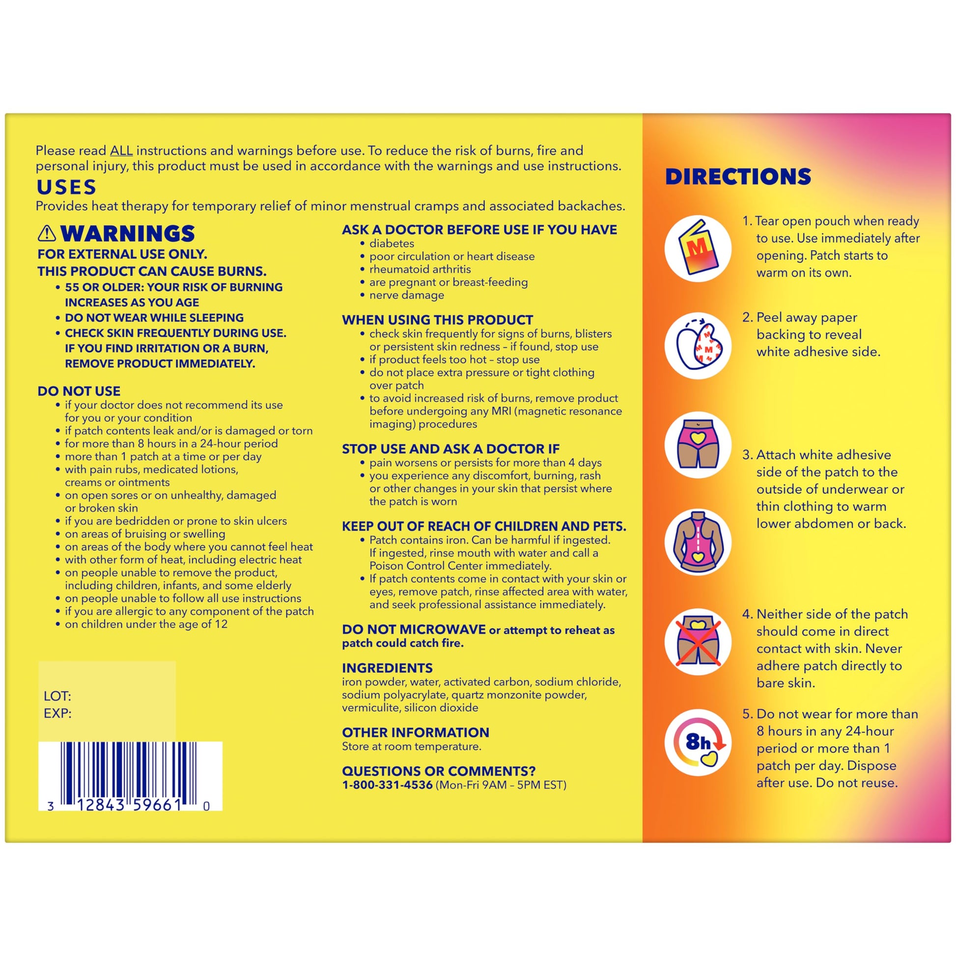 Midol Heat Vibes air activated heating patch ingredients list