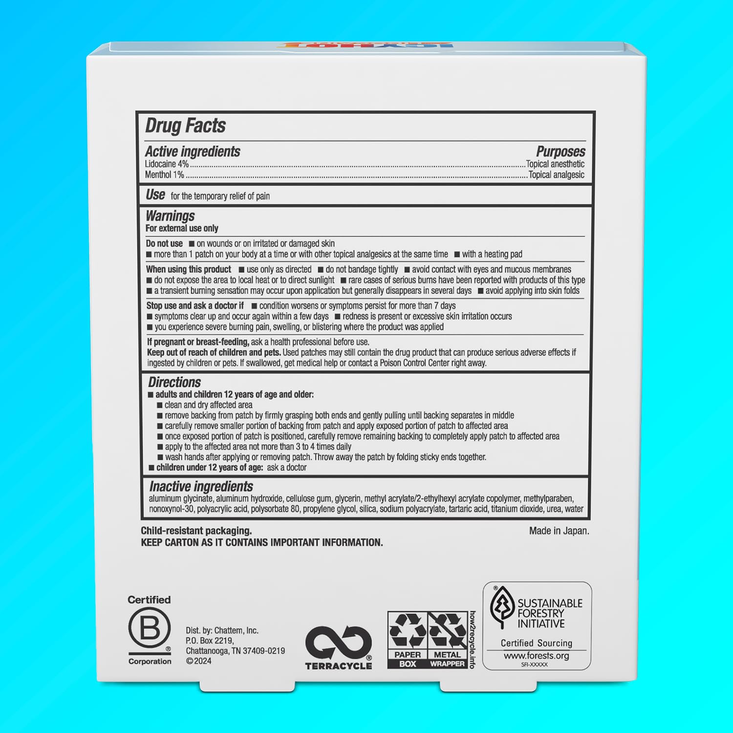 Icy Hot Lidocaine fabric pain patches box detailing four percent lidocaine active ingredient.