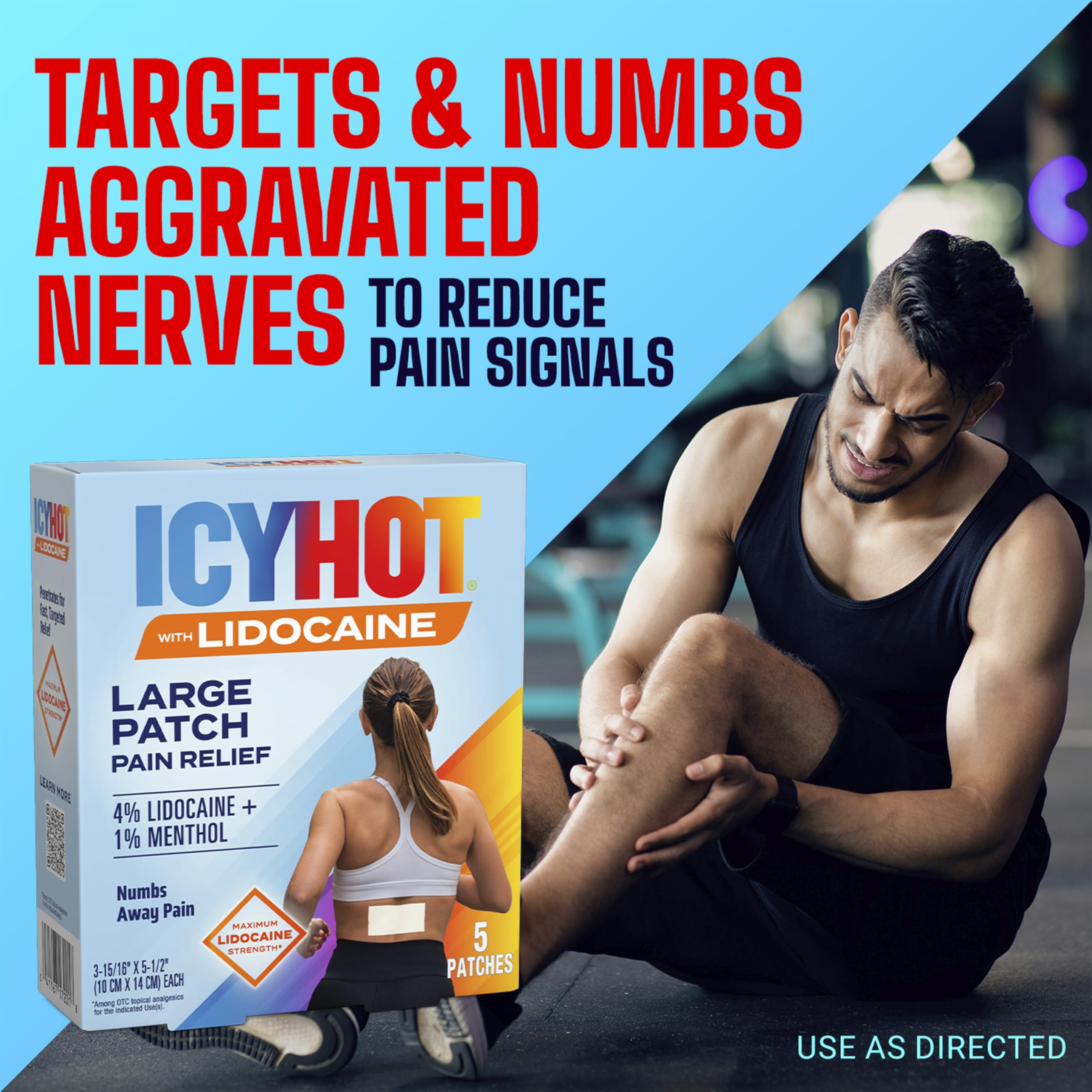Icy Hot dual action cooling and numbing medicated patches for back pain relief.