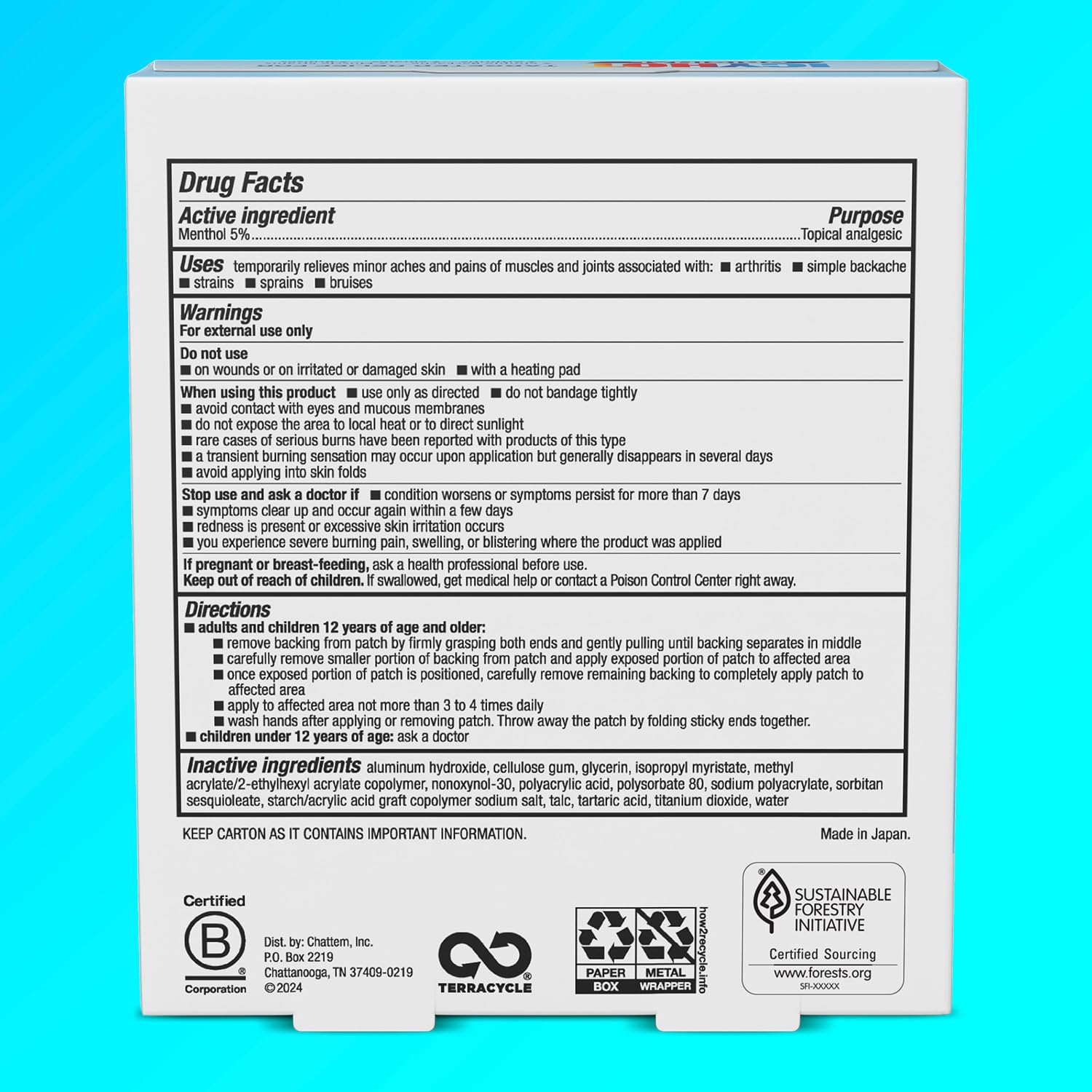 Icy Hot Original Large Pain Relief Patches side view showing box specifications