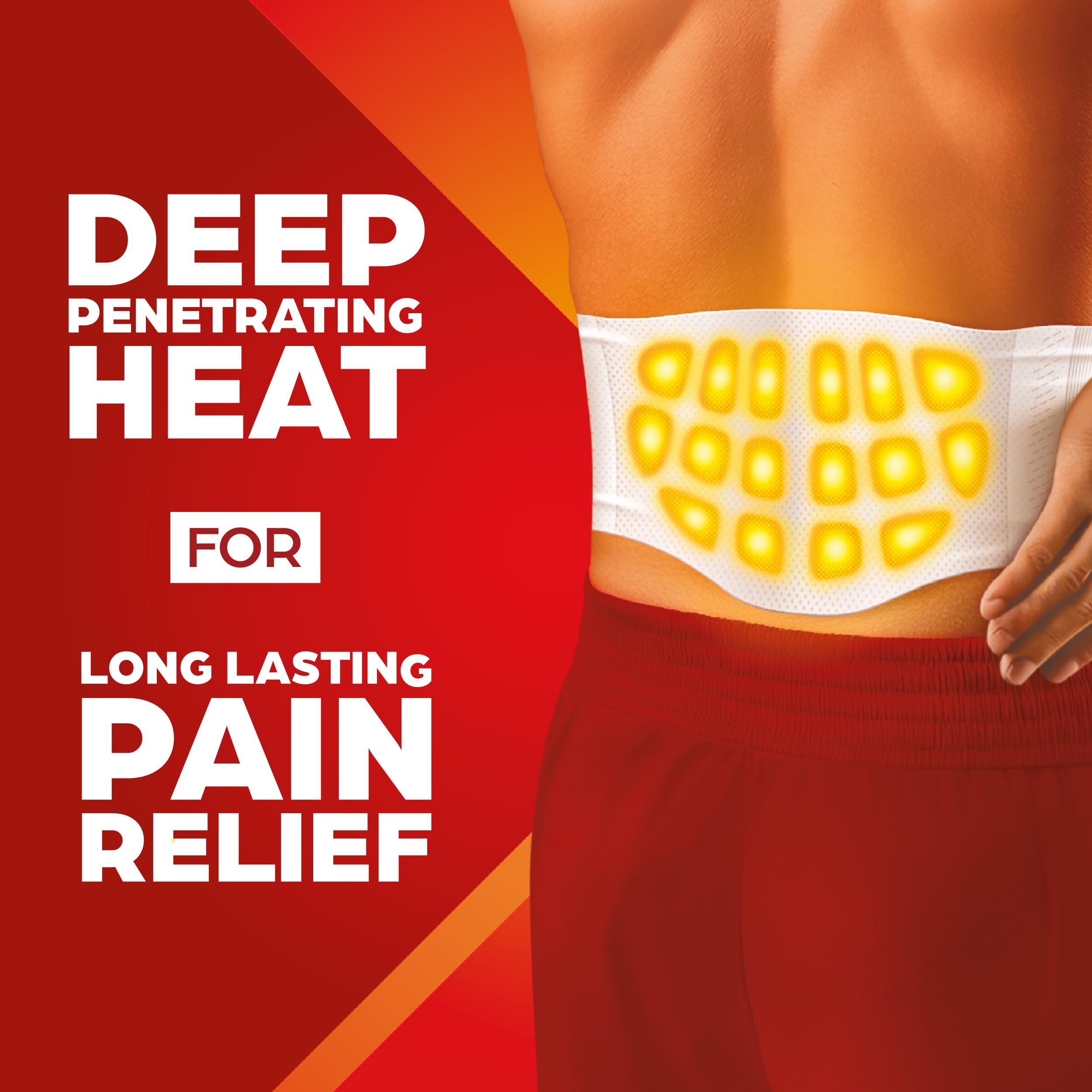 ThermaCare disposable heating patches for back pain showing the Large to Extra Large size details.