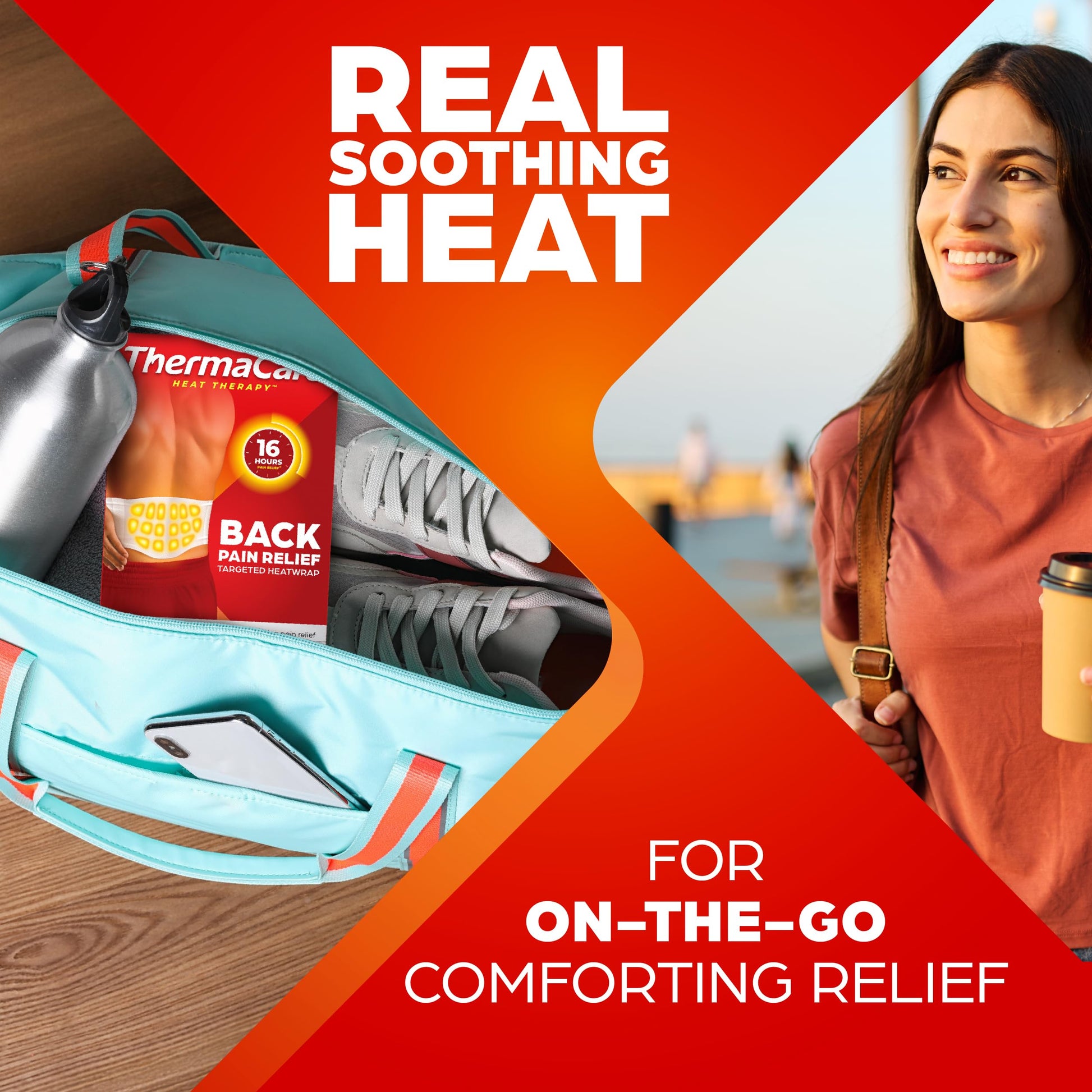 ThermaCare portable heat patches showing back panel usage directions and precautions text.