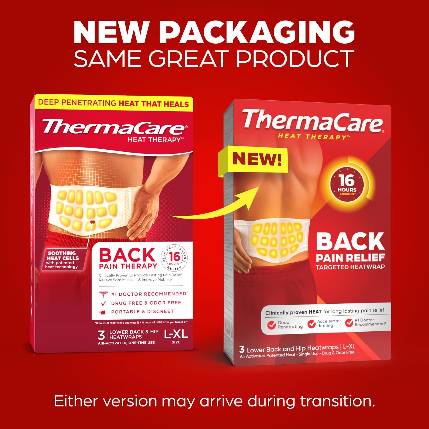 ThermaCare lower back pain relief patch side profile view of the premium imported box packaging.
