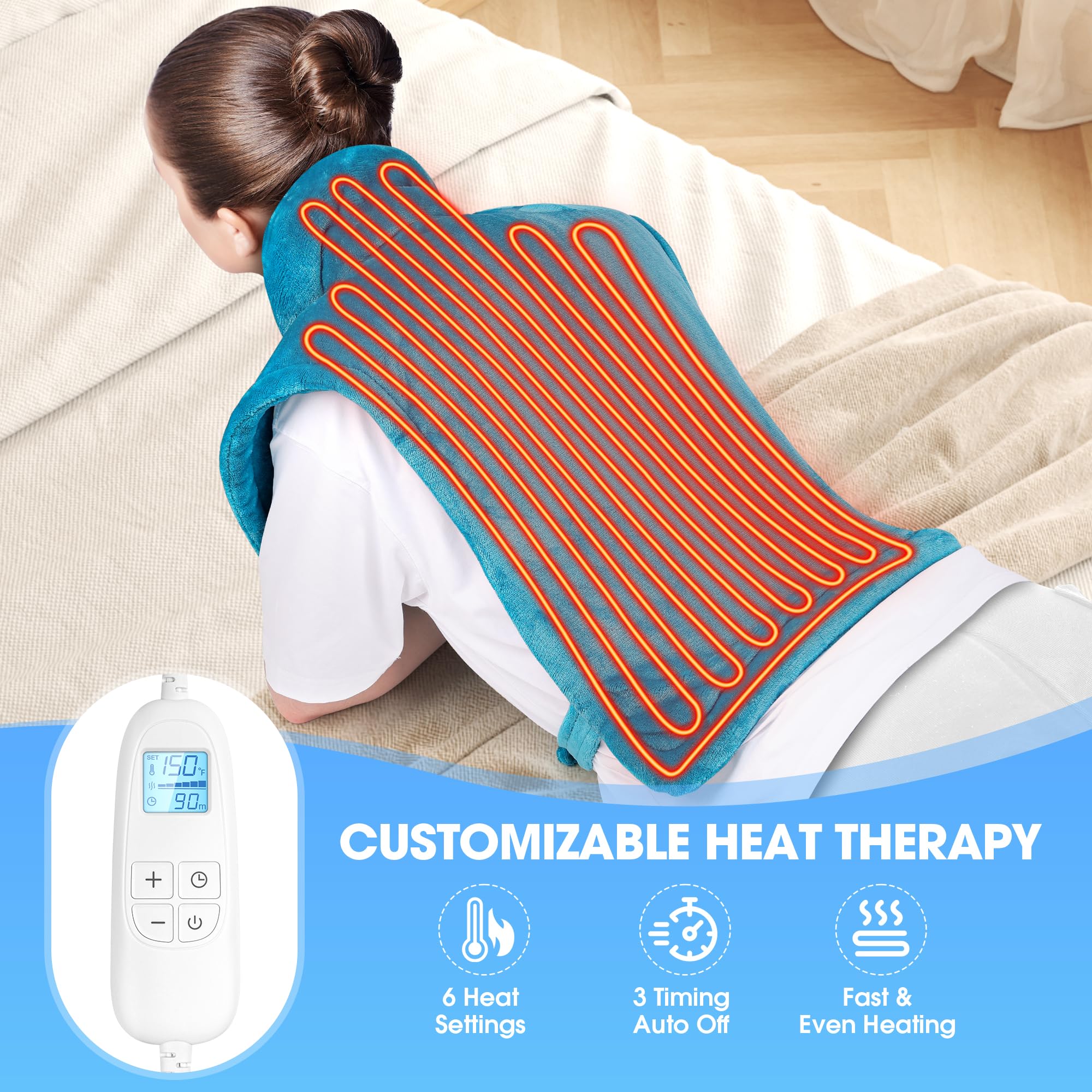 Rear perspective of the oversized shoulder and neck heating pad highlighting the secure snap fasteners