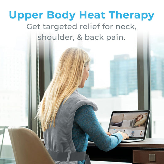 Pure Enrichment wearable electric thermal wrap secured around model shoulders with magnetic neck closure