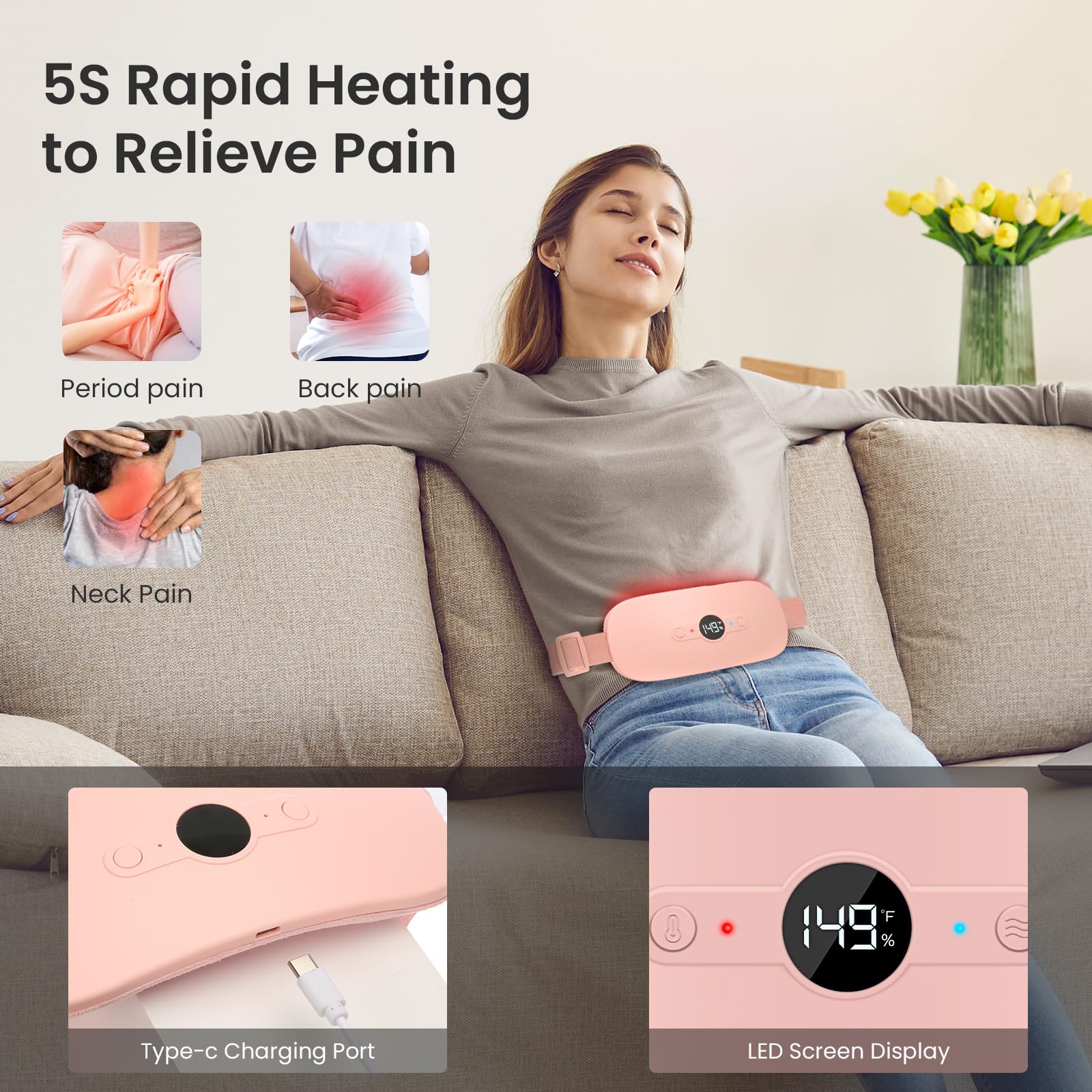 NOWWISH rechargeable electronic heating belt displaying the digital temperature readout at 149 degrees Fahrenheit