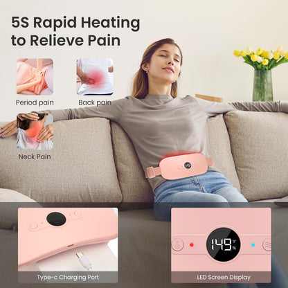 NOWWISH rechargeable electronic heating belt displaying the digital temperature readout at 149 degrees Fahrenheit