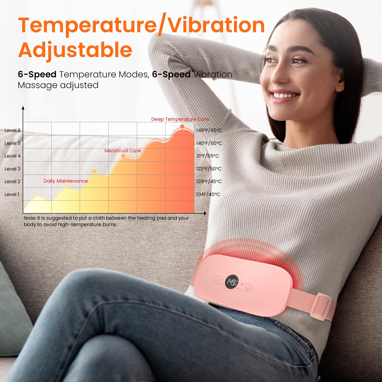 NOWWISH wearable menstrual heat pad with adjustable buckle being prepared for abdominal pain relief