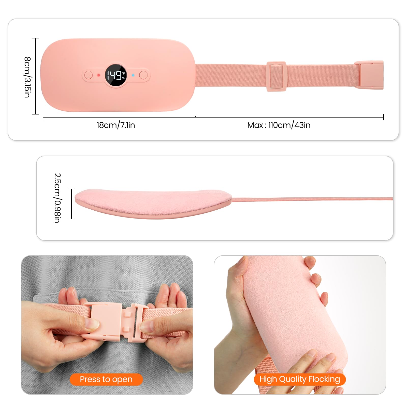 NOWWISH cordless belly warming wrap package showcase including the pink electric device and USB charging cable