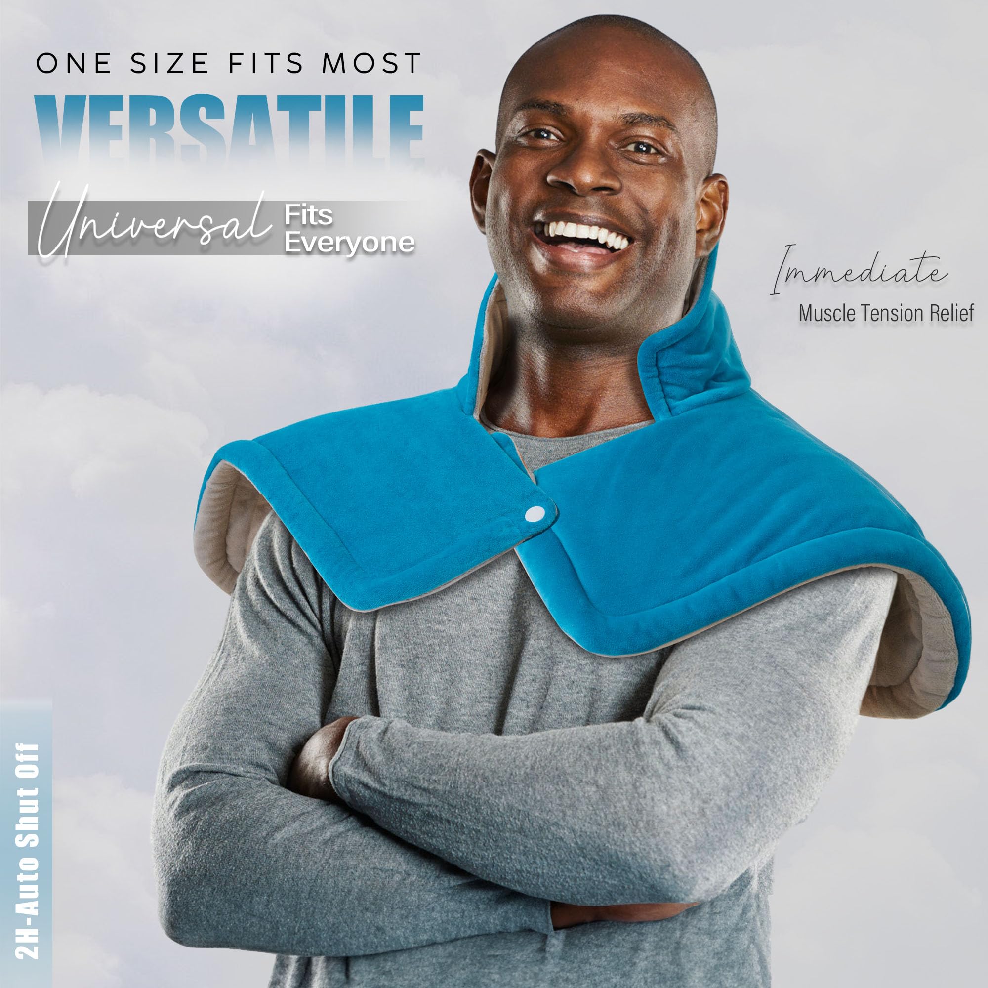 Oversized seventeen by twenty three inch electric heat wrap laid flat to show full upper back coverage.