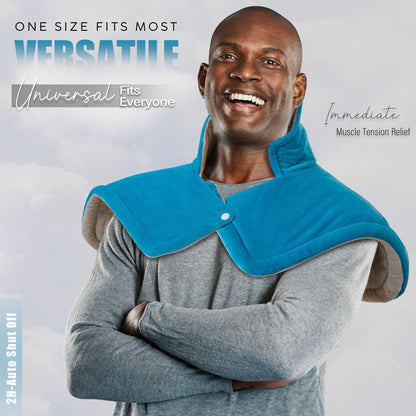 Oversized seventeen by twenty three inch electric heat wrap laid flat to show full upper back coverage.