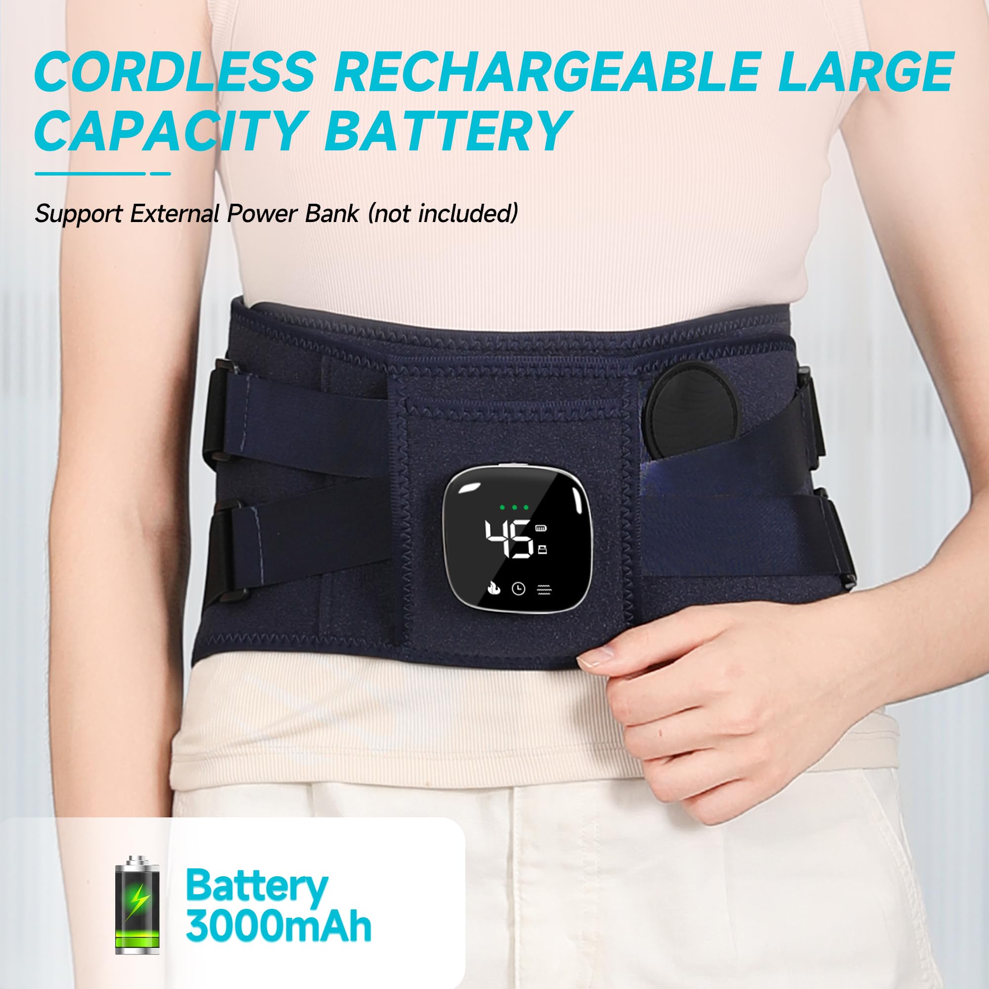 Burrki wearable lower back heating pad secured around a person's waist for cramp relief