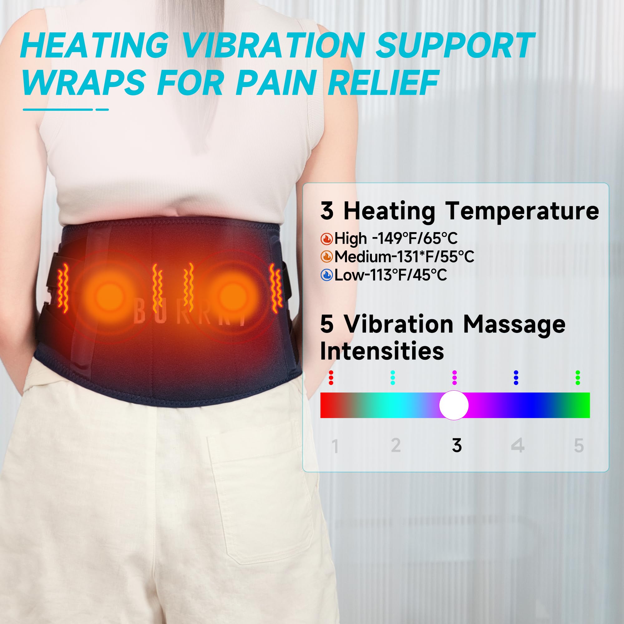 Burrki back pain relief heating belt showing the adjustable velcro straps and extension band