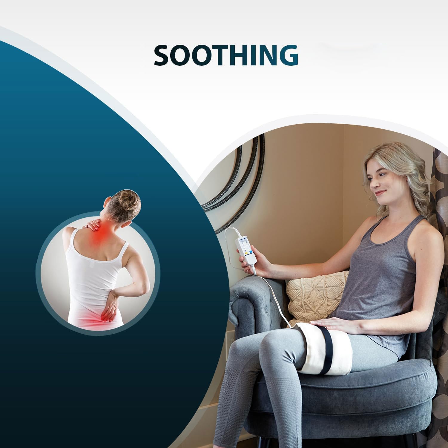 King size moist heat therapy pad applied to a lower back for chronic pain relief.