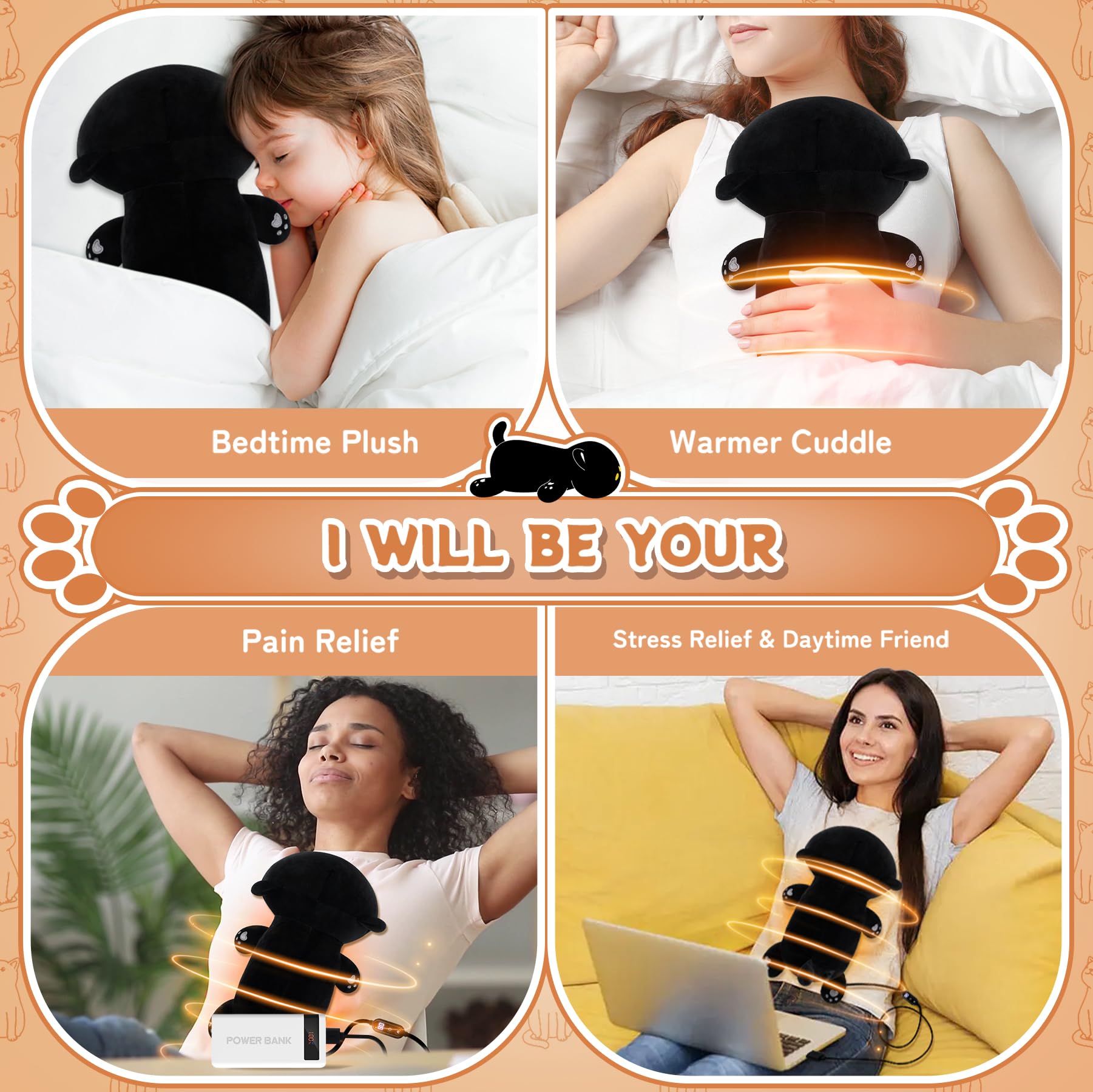 Lifestyle image of a woman sitting on a couch hugging the imported cute black cat heating pad against her abdomen for cramp comfort